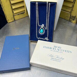 Vintage Avon Silvertone Blue Teardrop Necklace with Box
